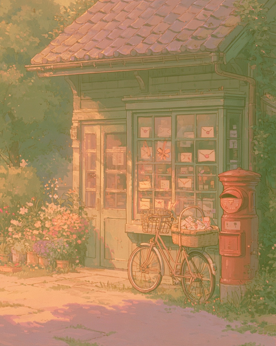 a little post office with a red mailbox and a bicycle