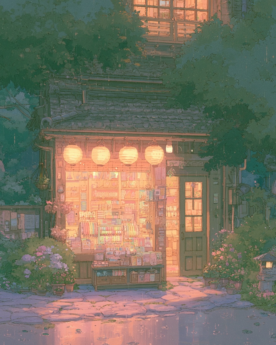 a tiny stationery shop with paper lanterns in the rain