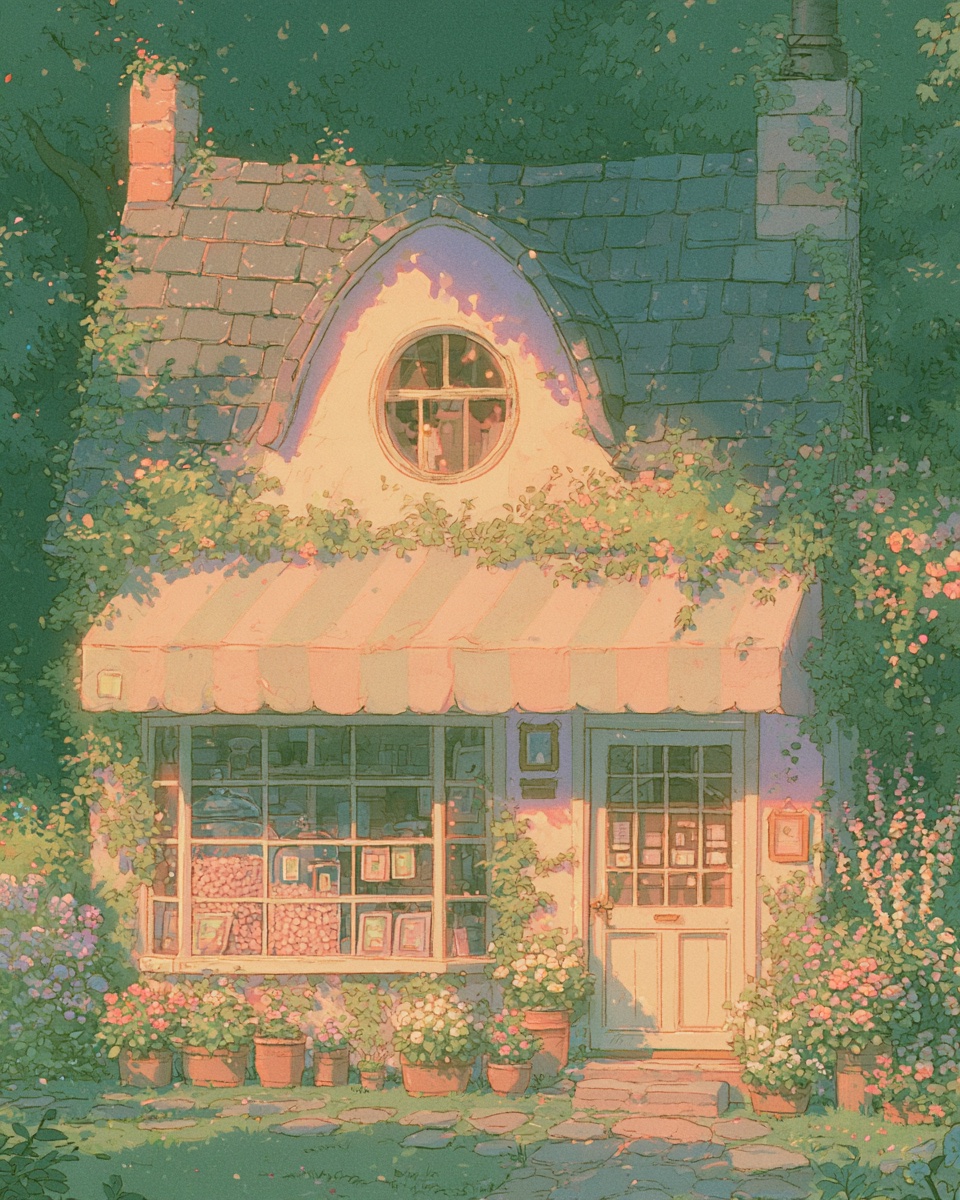 a cottage tea house with a striped awning and a round window