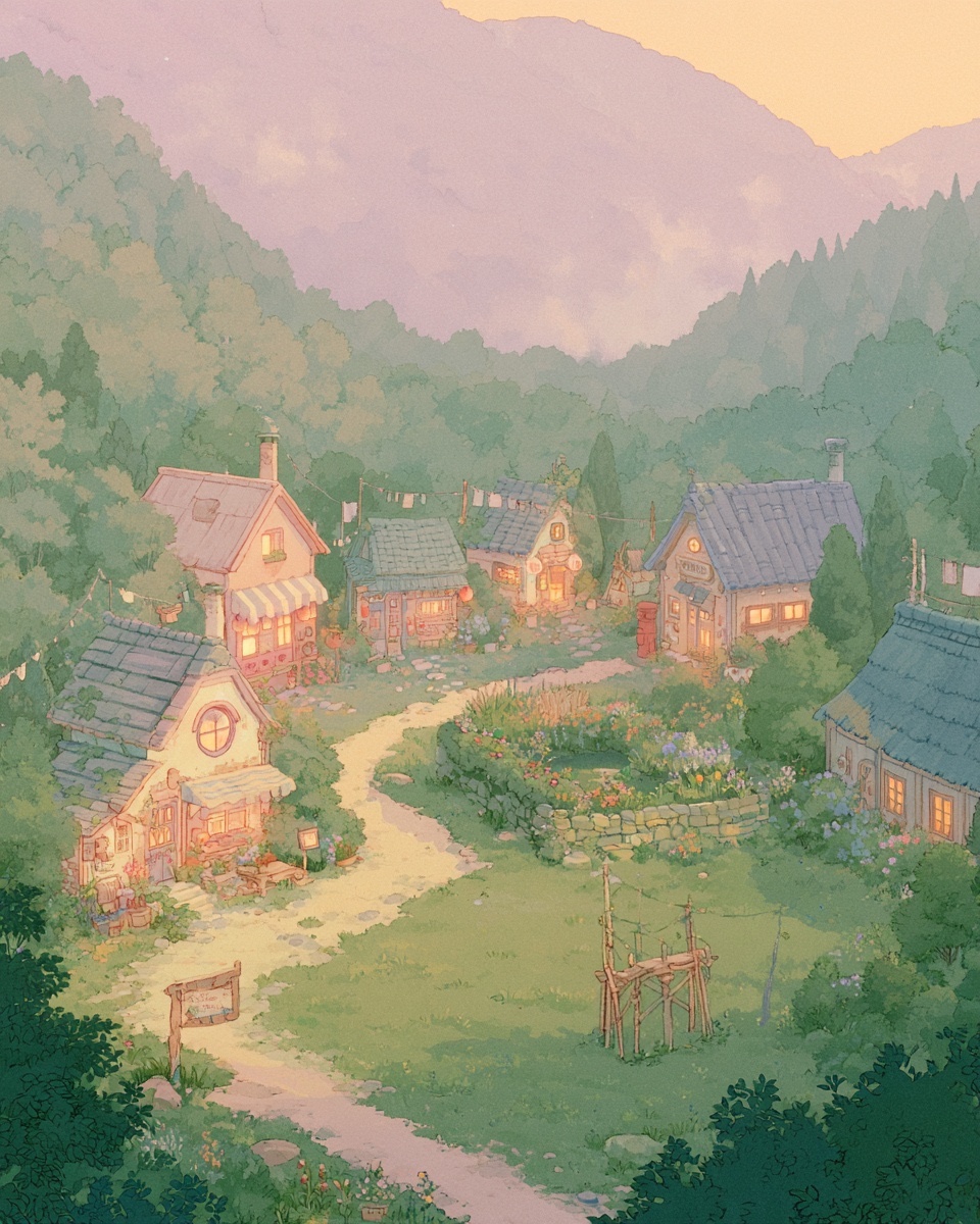 a painted village of little shops in a green valley